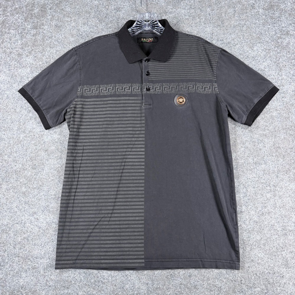 Pavini Mens L Polo Shirt Black Short Sleeve Medusa Greek Key Graphic Cotton